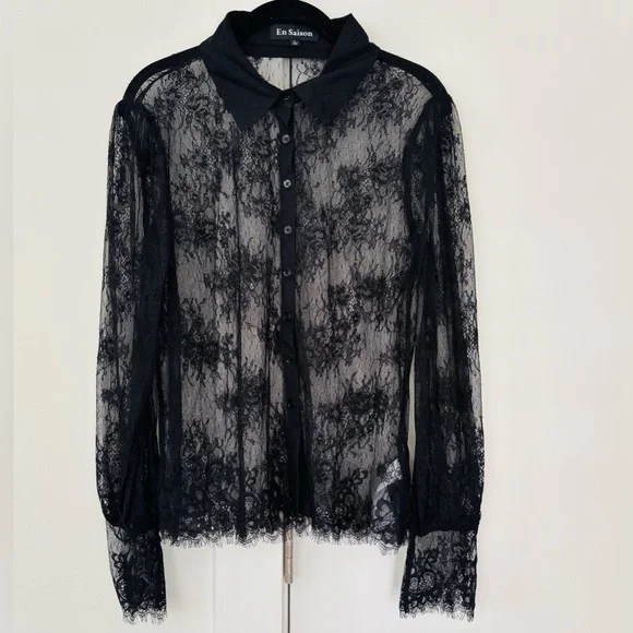 En Saison Black See Through Button Up Blouse size Large - Picture 1 of 4